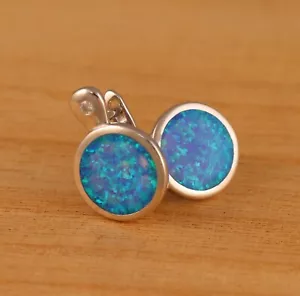 Solid 925 Sterling Silver Blue Opal Large Round 12mm Diam. Earrings Gift Boxed - Picture 1 of 8