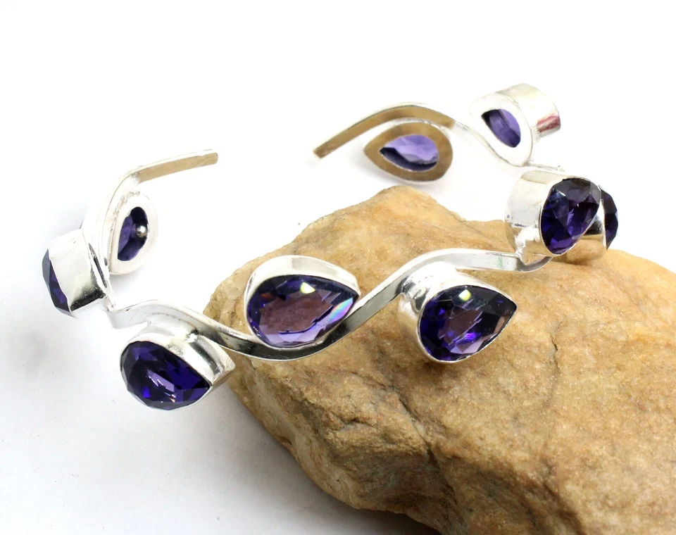 Brazalete ajustable de plata de ley 925 con piedras preciosas de amatista púrpura Foto 1 de 1