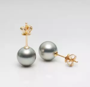 AAA+ 8-8,5 mm Plata Gris Tahití Perla de Agua Salada Pendientes Oro Amarillo 14k - Imagen 1 de 7