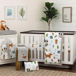 Dreamer Little Woodland Friends 7 Pc. Crib Bedding Set- Grey/Tan/Aqua by NoJo - Picture 1 of 8