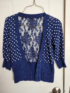Girls lace polka dot button down cardigan sweater size Small, Blue A512 - Picture 1 of 4