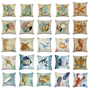 18 in Ocean Cotton Linen Throw PillowCase Turtle Conch Pillow Cover Home Decor - Picture 1 of 53