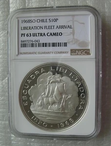 Chile 10 Pesos 1968 Silver Proof Coin Liberation Fleet Arrival NGC PF63 - Picture 1 of 4