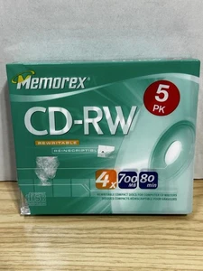 MEMOREX CD-RW Rewritable 5pk 700MB 80 Minutes w/Slim Jewel Cases 4X SPEED E4-50w - Picture 1 of 4