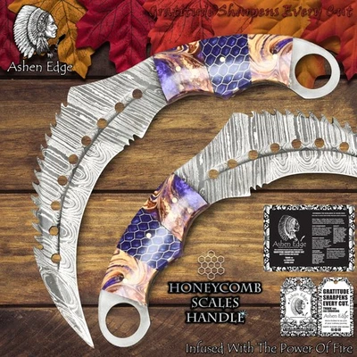 Ashen Edge Forged Karambit Knife Twist Damascus Micarta Micrata Bolster Hunting - Image 1 of 4
