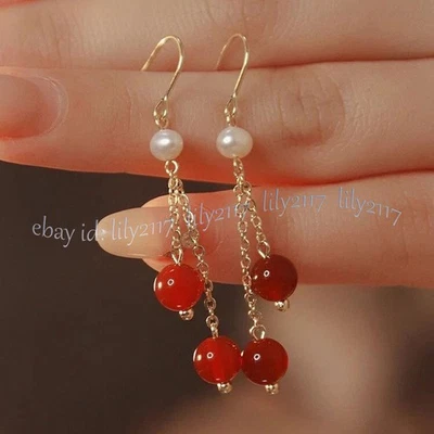 Pendientes colgantes de perlas blancas de agua dulce con cuentas redondas de ágata roja natural de 8 mm Foto 1 de 4