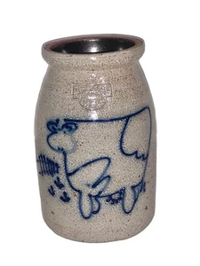 Rare Vintage Salmon Falls Stoneware Pottery Salt Glazed 1989 Cow Crock Jar Vase - Picture 1 of 5