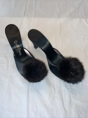 Vintage Daniel Green Boudoir Heeled Slippers Slack Satin Fur Pom Poms 7.5 Kitten - Image 1 of 4