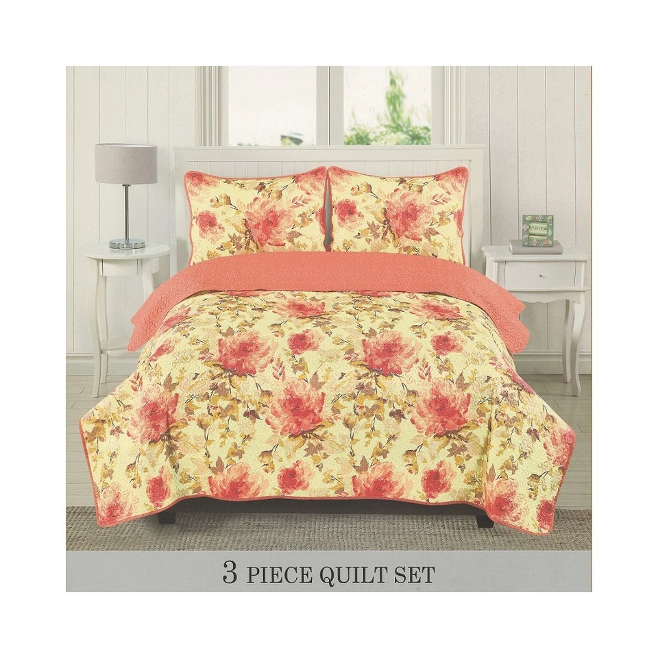 Juego de colcha acolchada de 3 piezas con patrón floral amarillo rosa tamaño completo/queen y king Foto 1 de 1