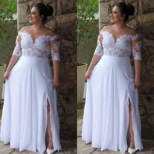 Chiffon Wedding Dresses with Slit Elegant Summer Beach Plus Size Bridal Gown - Picture 1 of 10