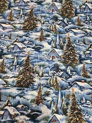 David Textiles Glitter Christmas Tree Church Blue Fabric 4 Y  X 45" Winter Scene - Image 1 of 3