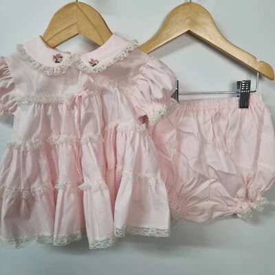 Set 2 Peice VTG Bryan Pink Ruffled Lace Circle Baby Dress Pinafore Bloomers 6-9 - Image 1 of 4