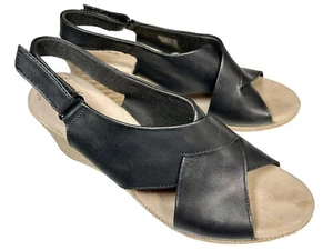 CLARKS Collection Lafley Alaine Sandal SIZE 11 Black Leather Espadrille Wedge - Picture 1 of 9