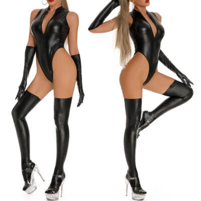 Mujeres Imitación Cuero Wetlook Gato Traje Cremallera Body Leggings Guantes Mono CONJUNTO Foto 1 de 4