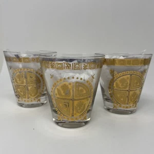 3 Vtg Mid Century Culver Coronet Double Rocks Tapered Bar Glasses Flower Sun 22K - Picture 1 of 10