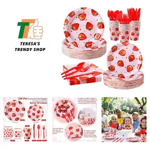 350 Pcs Strawberry Party Supplies Tableware Set Disposable 9'' 7'' Paper Plat... - Picture 1 of 7