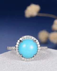 Graduation Band Fine Birthday Ring 14k White Gold Turquoise Diamond Gemstone - Picture 1 of 5