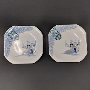 Porcelana vintage/antigua japonesa azul oro blanco 2 platos cuadrados pequeños de 6 3/4" - Imagen 1 de 8