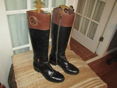 Botas Michael Kors de Cuero Negras Talla 8 M Borde Marrón Dorado Logo MK Foto 1 de 4