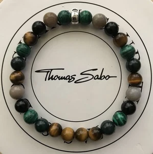 Thomas Sabo Sterling Silver Malachite Jasper & Tiger's Eye Beaded Charm Bracelet - Picture 1 of 12