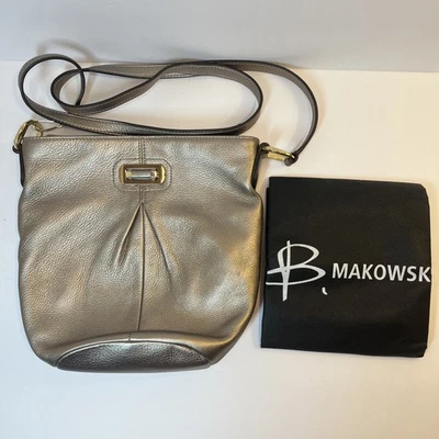 B. MAKOWSKY Hobo Shoulder Bag Brushed Gold Pewter Pebbled Leather Purse Dust Bag - Image 1 of 4