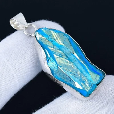 Blue Titanium Quartz 925 Silver Plated Handmade Pendant of 2" - Image 1 of 3