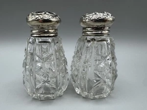 Antique Cut Glass Sterling Silver Salt & Pepper Shaker Set Old 925 - Picture 1 of 7