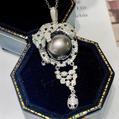 Stunning AAA 10-11mm tahitian round black green pearl pendant necklace 925s - Image 1 of 3