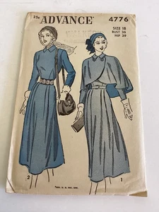 Vintage 40s Sewing Pattern Dress & Cape 4776 Advance Bust 36 - Picture 1 of 3