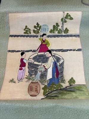 Pergamino de montaje en pared coreano vintage seda costura presentación jefe de personal Foto 1 de 4