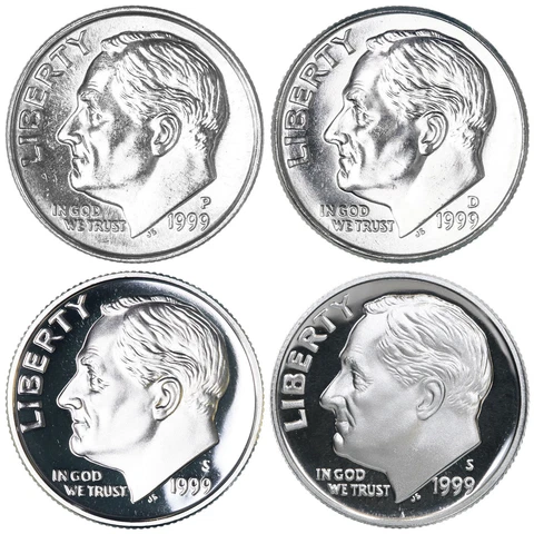 1999 P D S S Roosevelt Dime Year Set Silver & Clad Proof & BU US 4 Coin Lot Cover