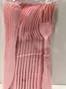 FANCY PASTEL PINK ELEGANT HEAVYWEIGHT PLASTIC FORKS KNIVES 24 PC PARTY SHOWER - Picture 1 of 1