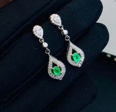 2.3ct Lab-Created Drop Earrings Oval Emerald Dangling Halo White Gold Plated - Image 1 of 4