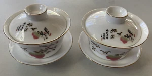 2 Chinese Traditional Porcelain Tea Cup Tureen Gaiwan Covered Bowls W/ Saucers - Picture 1 of 11