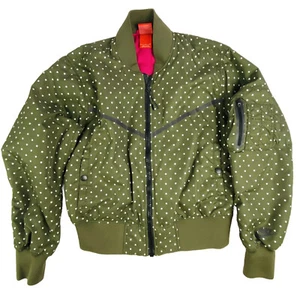 Nike Damen Bomberjacke glänzend Satin Druckknopf Mantel grün gepunktet durchgehender Reißverschluss Tasche - Bild 1 von 13