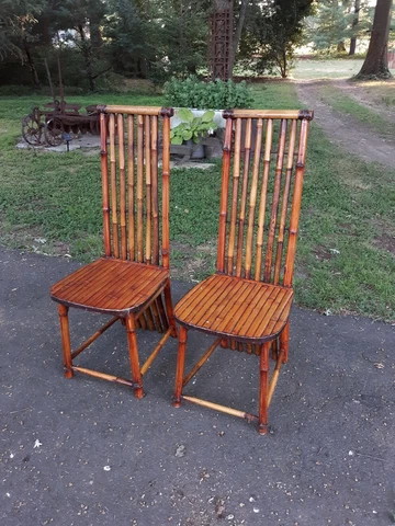 Pair Mid Century Modern Bamboo High Back  Side Chairs Tropical Tremendous Cover