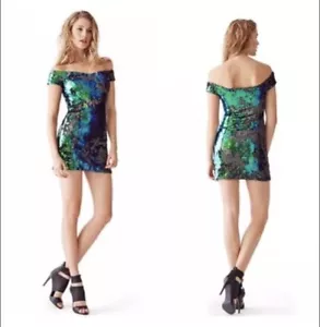 EXCLUSIVE GUESS OFF-THE-SHOULDER SEQUIN DRESS SZ 0 Mermaid Green Black NWT $168 - Picture 1 of 5