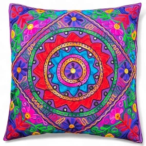 Boho Embroidered Cushion Cover 24x24 | Indian Throw Pillow Case | Handmade Deco - Picture 1 of 5