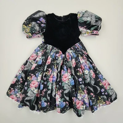 VTG Daisy Kingdom Dress Girls 5X Black Velvet Ruffle Puff Sleeve Floral Layered - Image 1 of 4