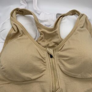 2 Sports Bras Zip Front Size Small Removable Padding Beige White