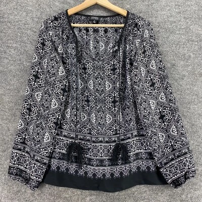 Blusa Jones New York Mujer S Pequeña Negra Geométrica Cuello en V Borlas Manga Larga Foto 1 de 4