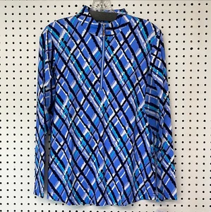BEACHTIME by Lulu-B Blue Argyle Print High Neck Zip-Up Long Sleeve Pullover - Picture 1 of 1