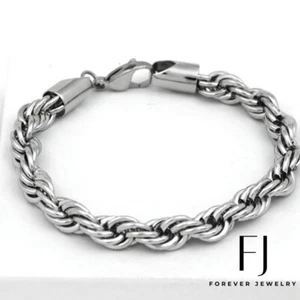 Men's 8." Silver Stainless Steel 8mm Wide,Rope Chain Bracelet + Box - Picture 1 of 3
