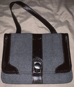 Hobo International Gray Wool Brown Patent Leather Flat Panel Medium Handbag - Picture 1 of 7