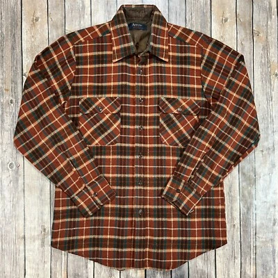 VINTAGE Arrow Sportswear Wool Flannel Board Shirt Small Mens Brown Plaid - Image 1 of 4
