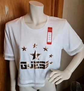 GUESS Short Sleeve Crop Top  Women's Size Large White Logo Front Mesh Hem *NEW*  - Picture 1 of 6