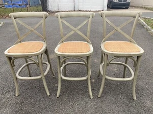 Williams Sonoma Home Counter Height Bar Stools With Rattan Seat Gray Set Of 3 - Picture 1 of 24