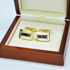 1.00 Ct Princess Cut Lab-Created Sapphire Men's Cufflink 14K Yellow Gold Plated - Picture 1 of 5