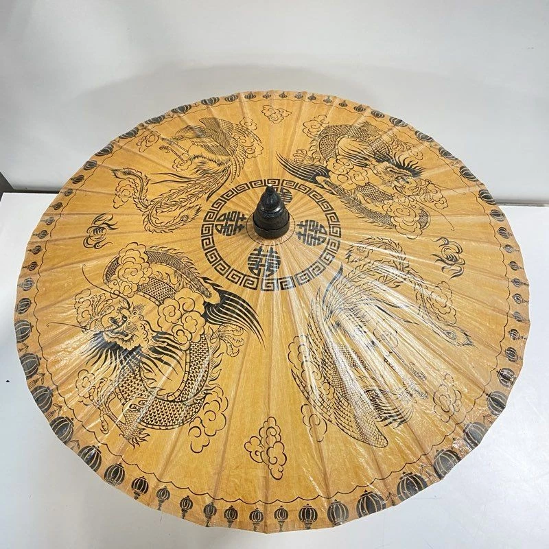 Chinese Handmade Dragon Pattern Wood Umbrella Traditional Home Decor Art Display - Image 1 of 4