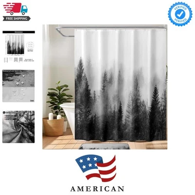 Cortina de chuveiro preto e branco floresta enevoada para banheiro, natureza floresta cur... - Imagem 1 de 4